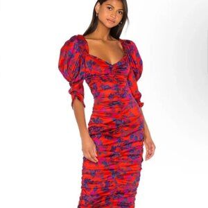 For Love And Lemons Monet Midi Red Floral Ruched Dress size M